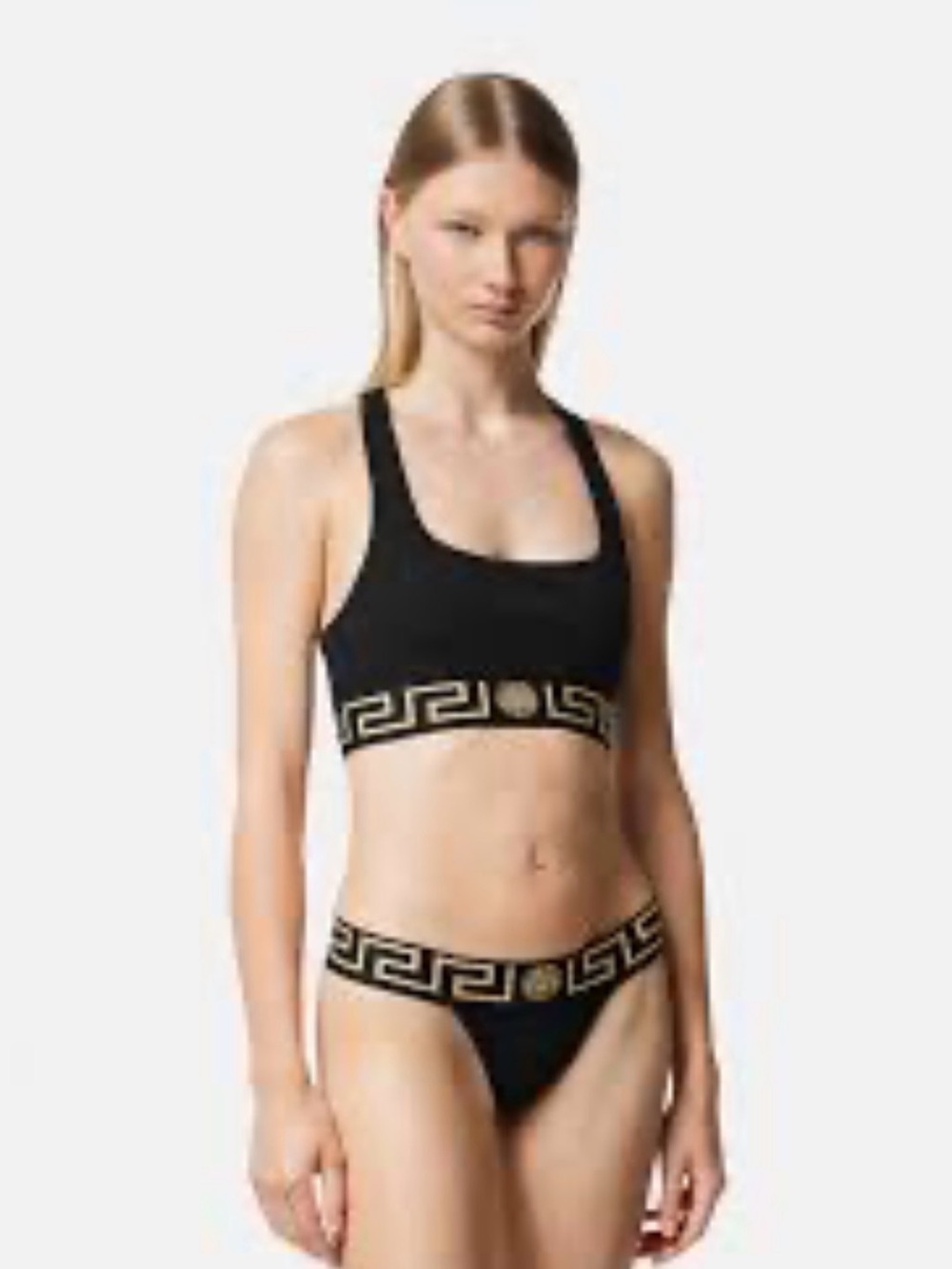 Versace Greca border Black and Gold racer back Logo Sports Bra